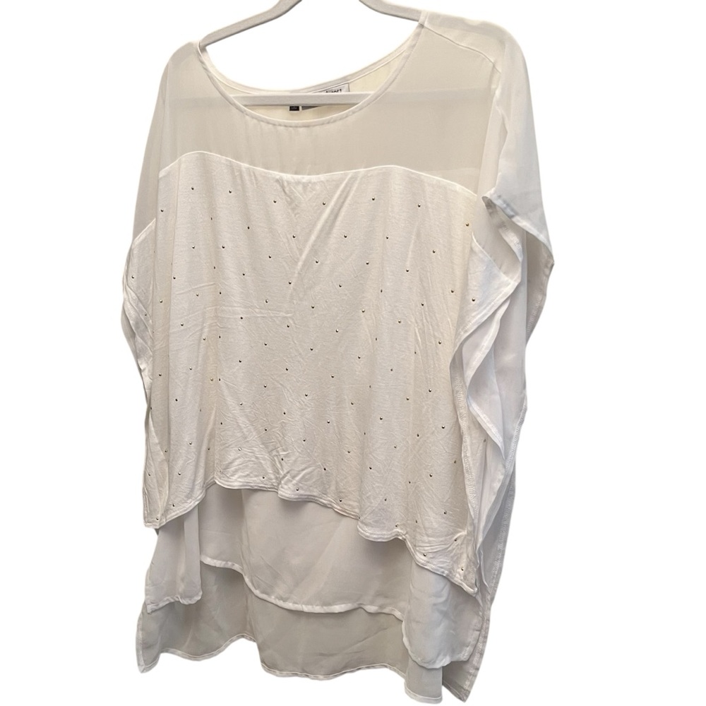 Jennifer Lopez size large white, short sleeve top sheer overlay rhinestones